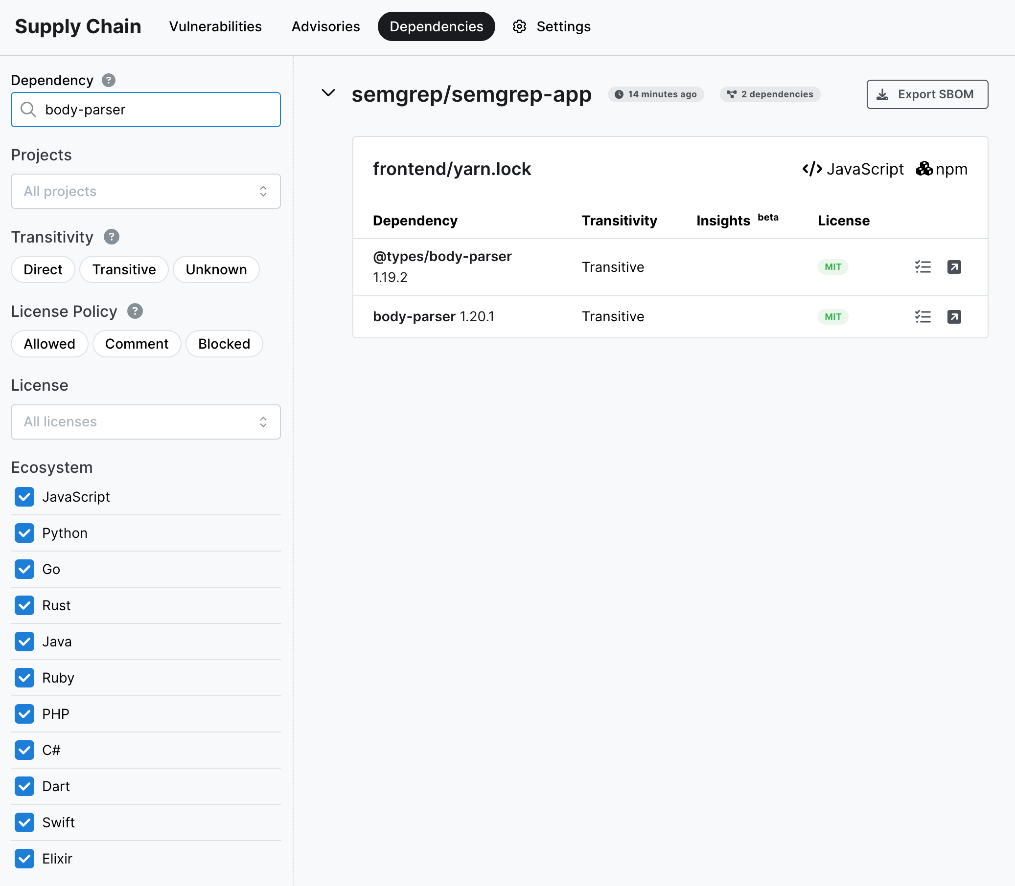 Screenshot of dependency search with query