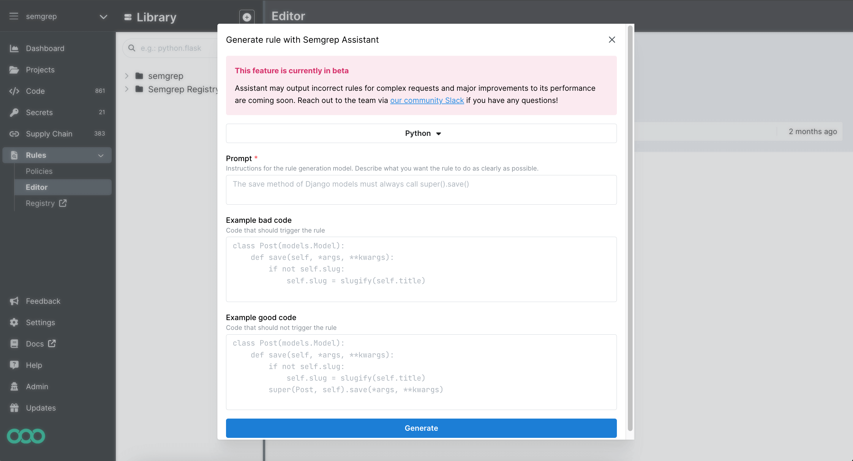 Custom rule sample plus test window