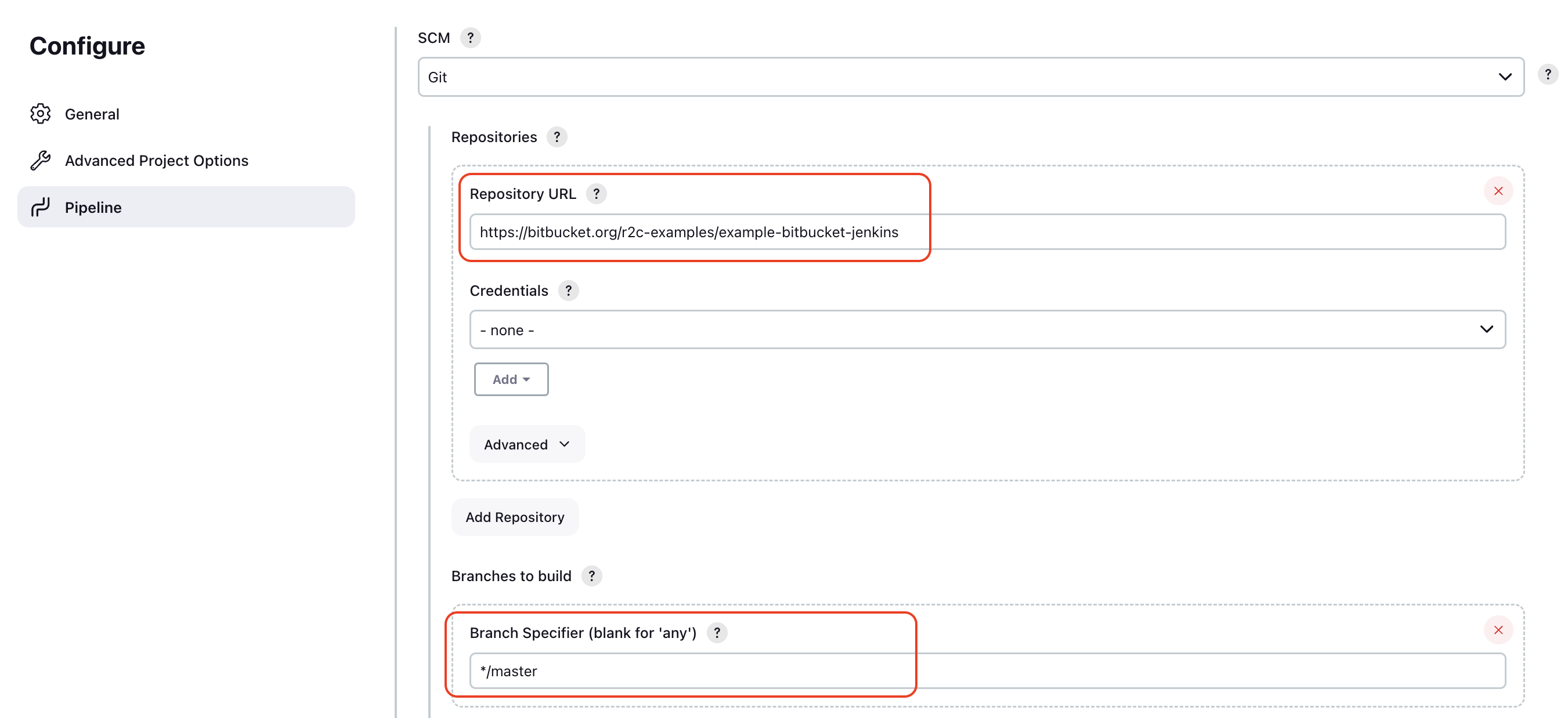 Pipeline section &gt; Repository URL and Branch Specifier examples.