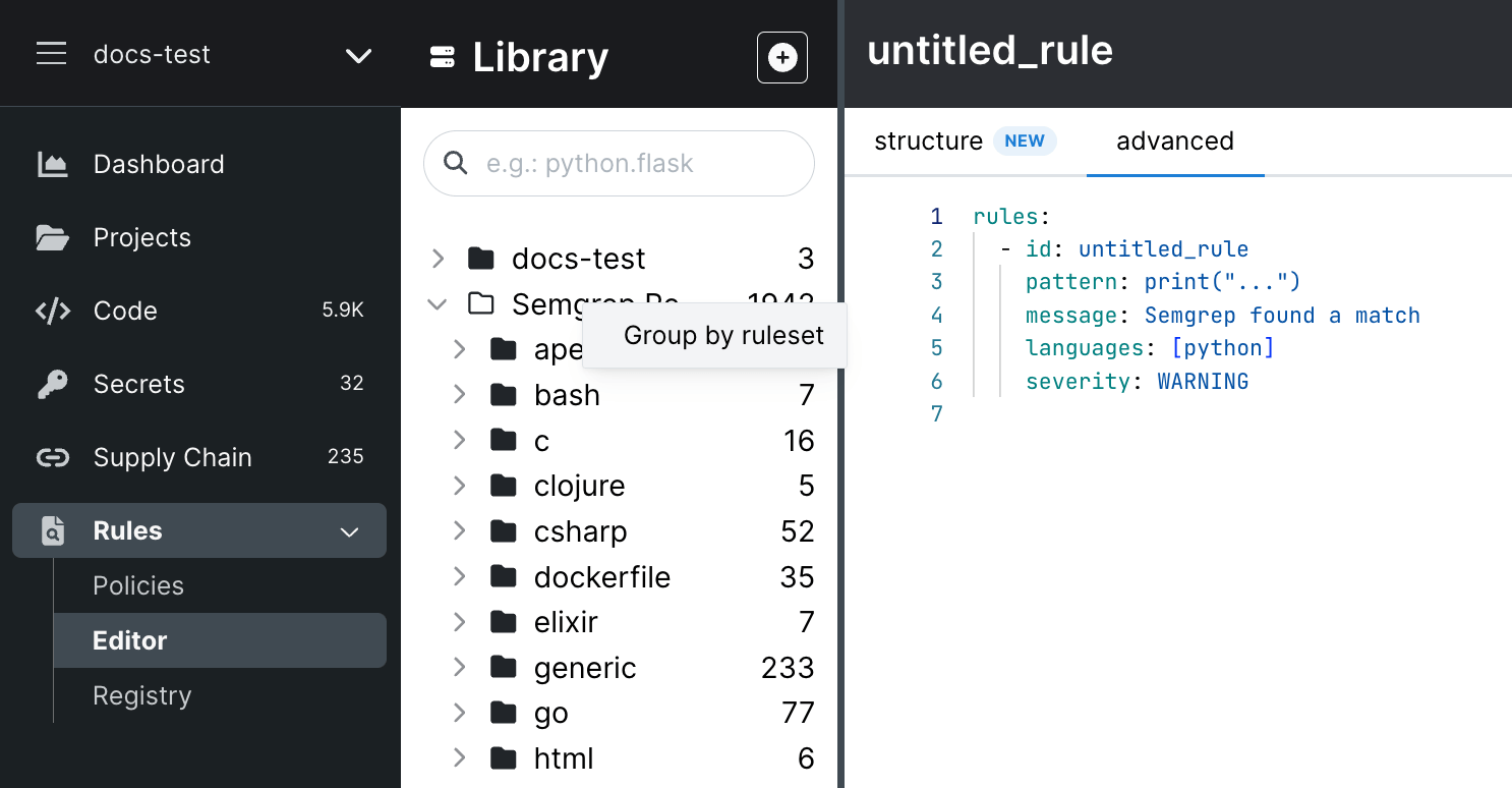 Semgrep Editor&#39;s right click menu to group by rulesets