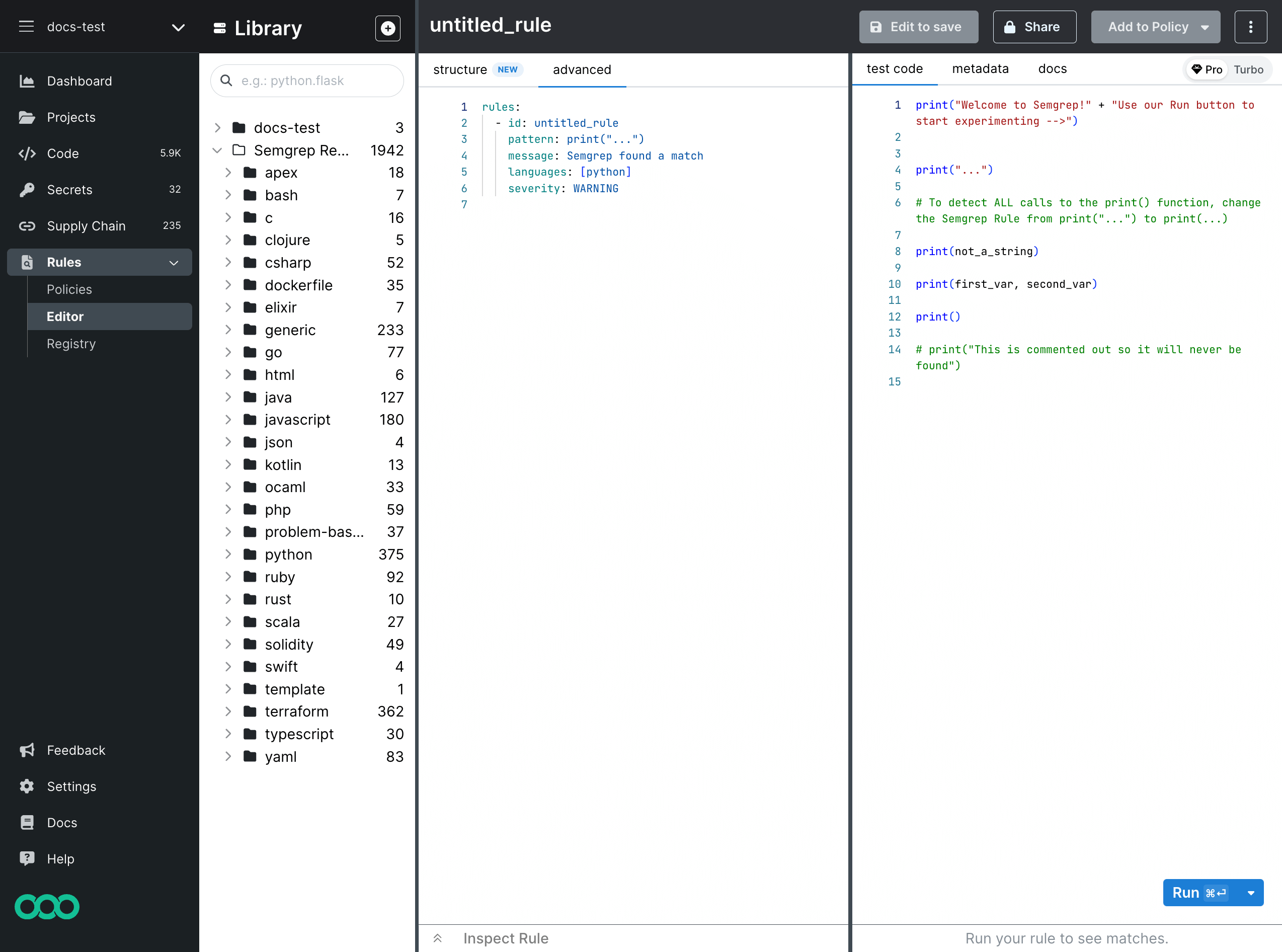 Semgrep Editor&#39;s main view composed of three panes and top menu