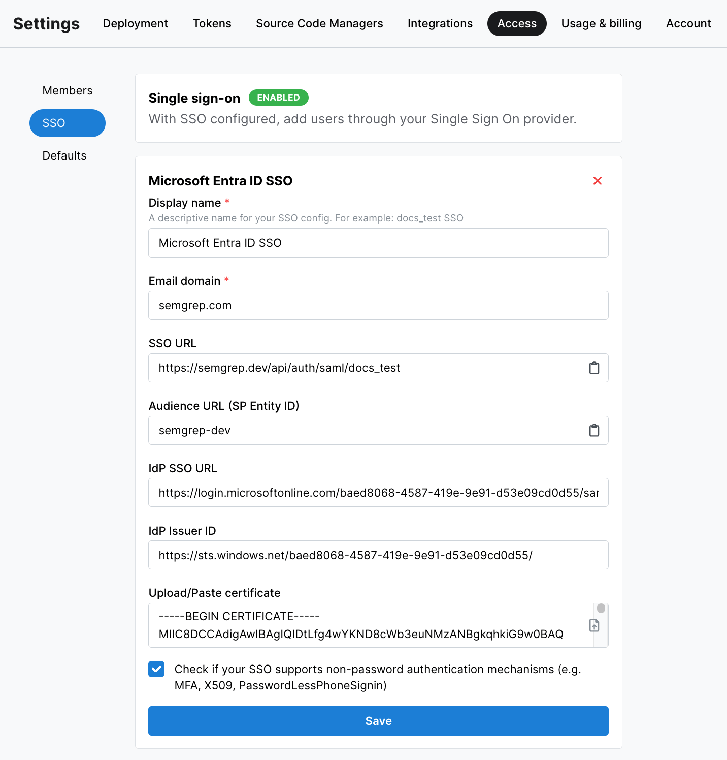 Semgrep AppSec Platform&#39;s SAML2 configuration screen