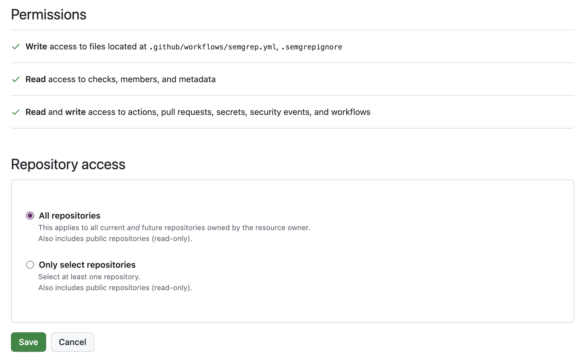 Semgrep GitHub app permissions: all repositories