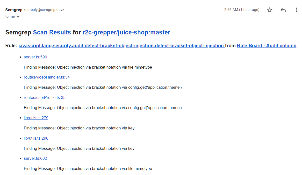 Screenshot of Semgrep AppSec Platform email with findings