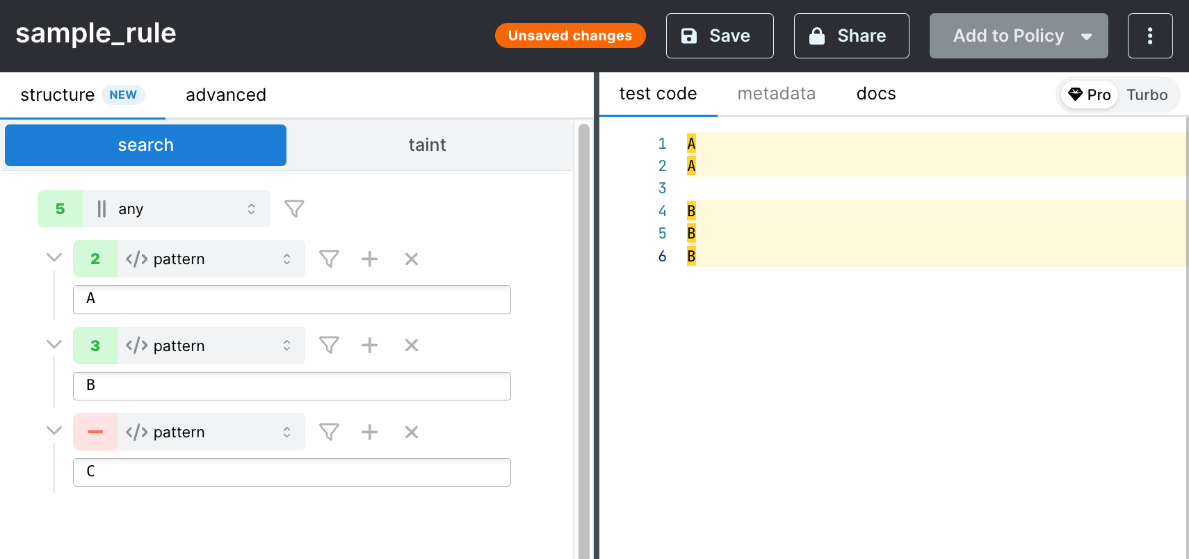 Sample pattern with match badges