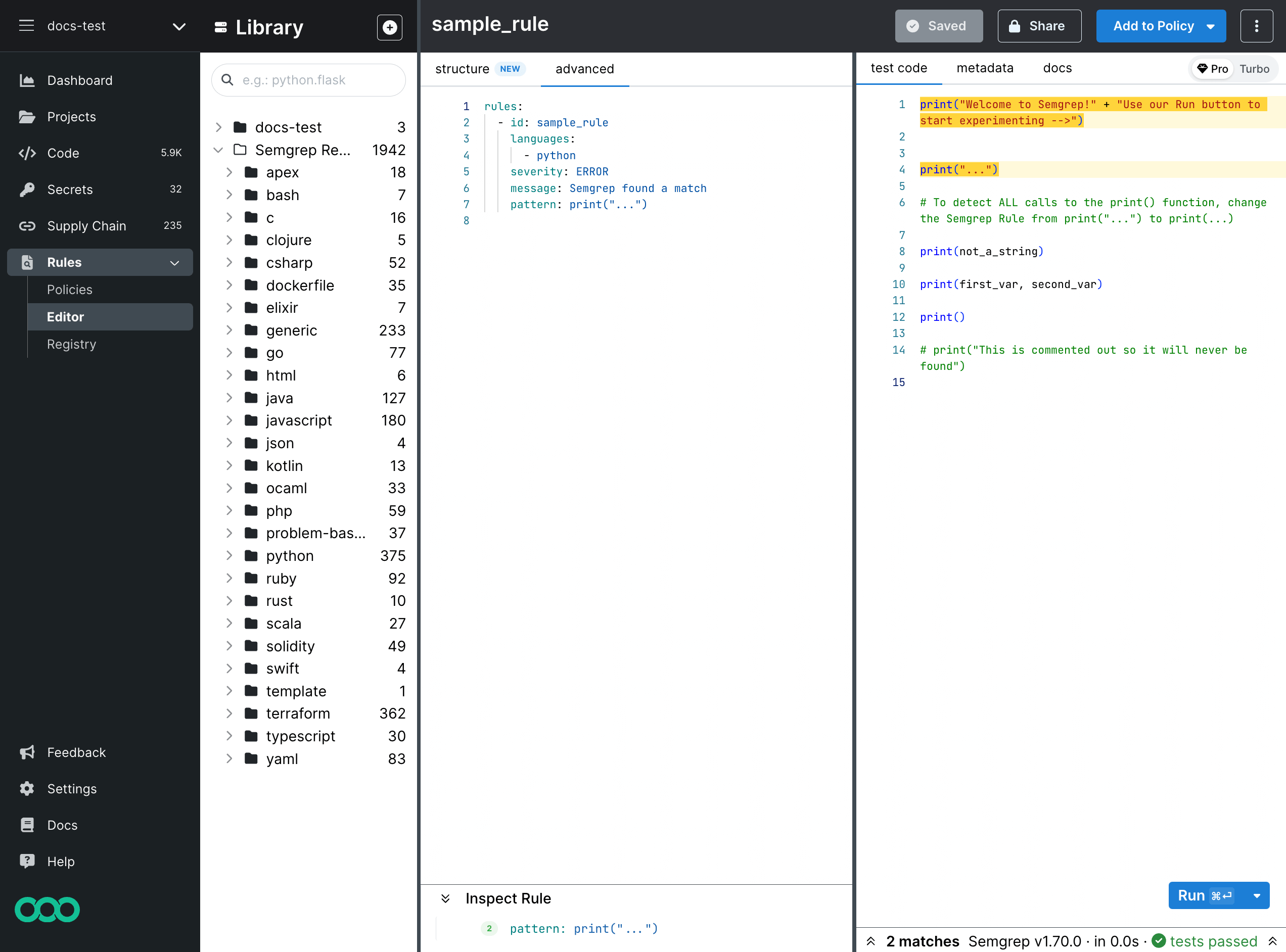 Semgrep Playground&#39;s advanced mode