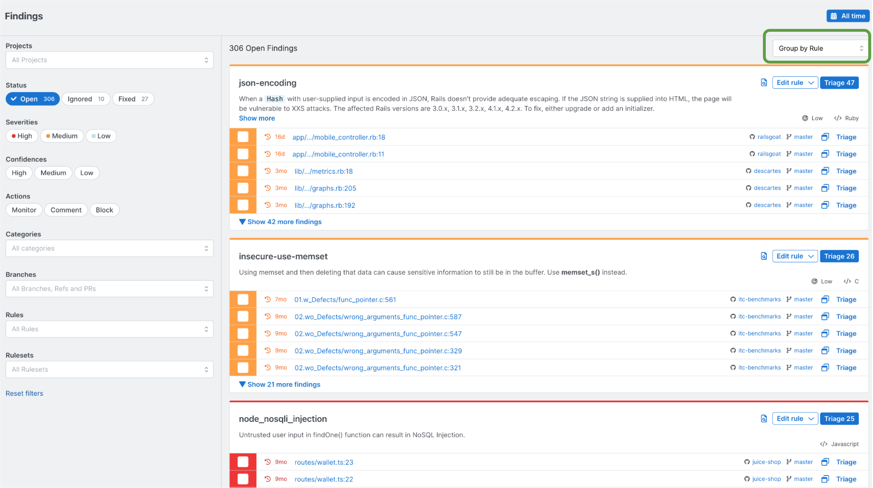 Group by rule option on Findings page