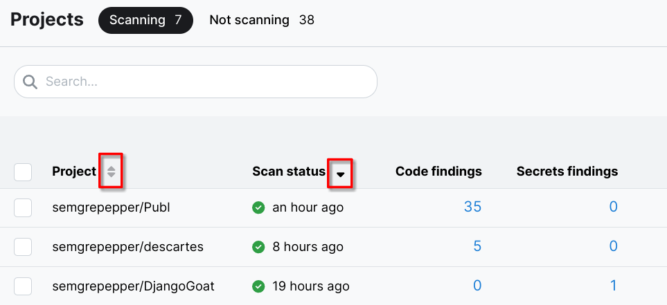 Arrows used to sort projects by name and latest scan.