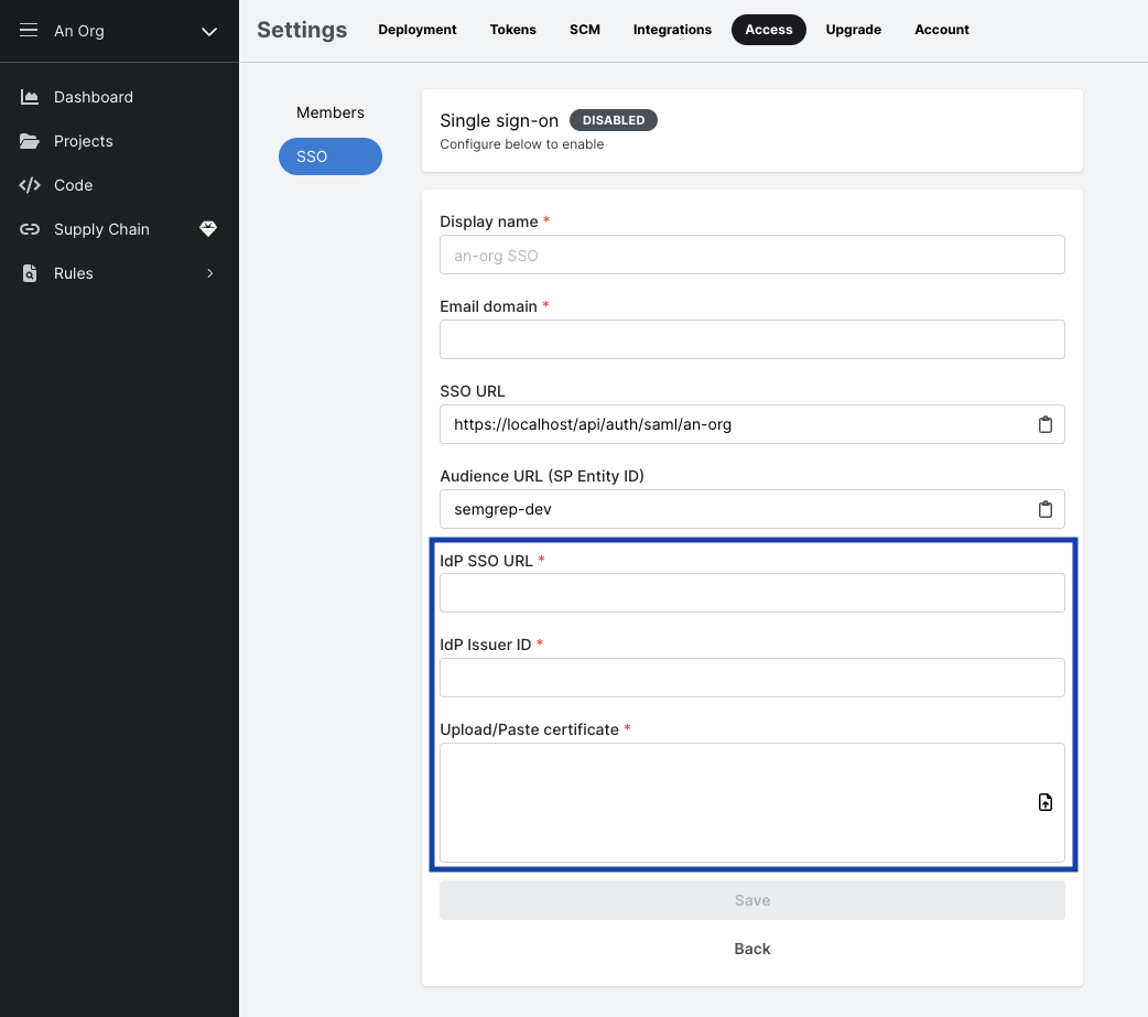 Filling in IdP SSO URL, IdP Issuer ID, and X509 Certificate on Semgrep