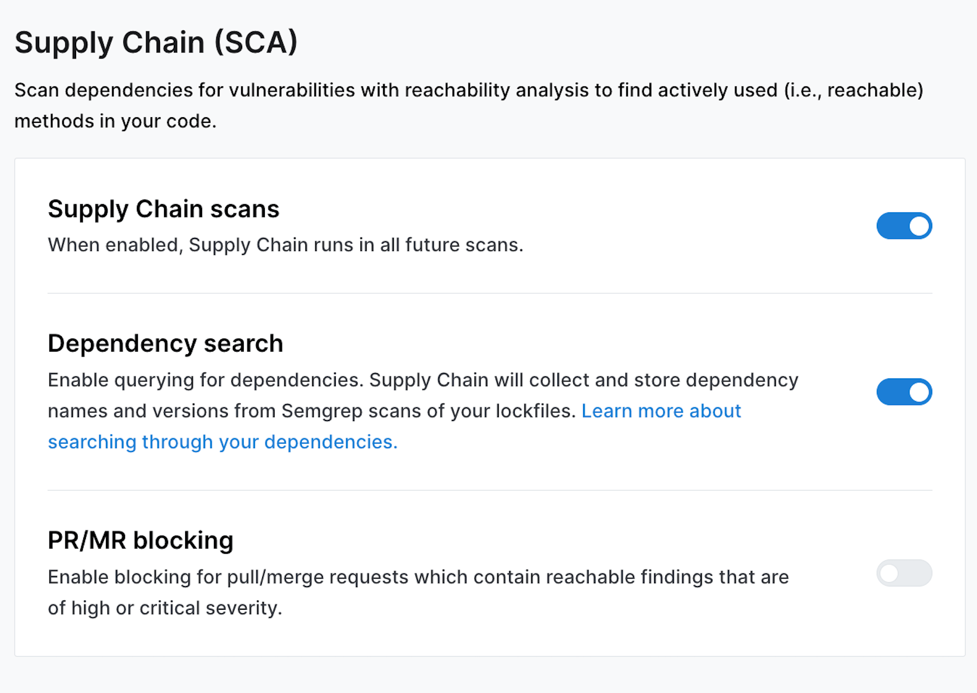 Semgrep Supply Chain Settings tab