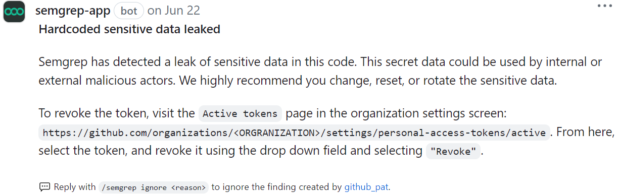 Semgrep Secrets finding in a PR comment