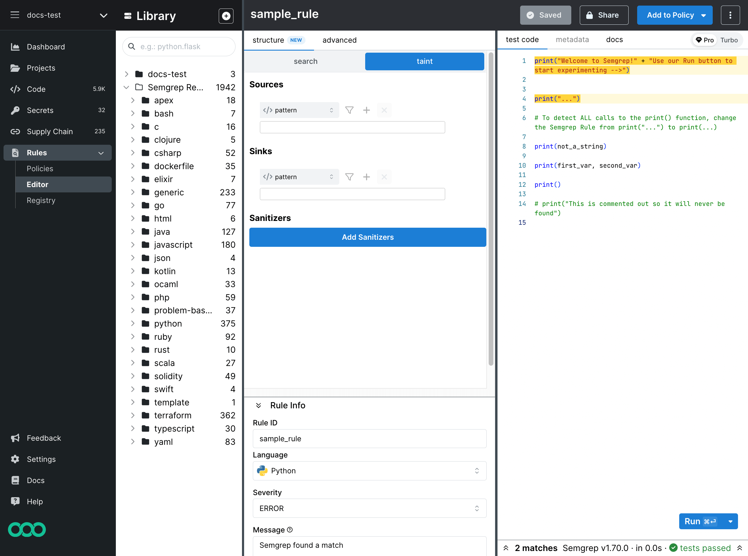 Semgrep Playground&#39;s structure view for writing taint rules