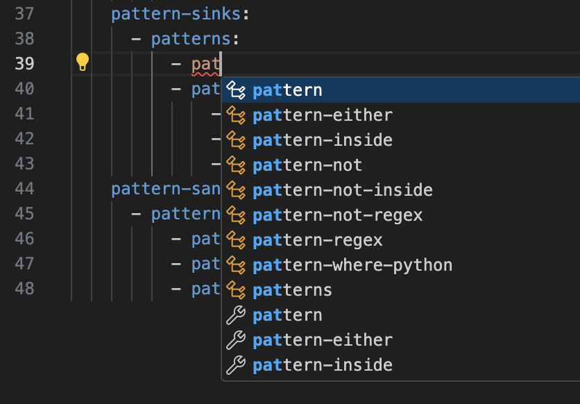 Example Semgrep YAML rule file with auto-complete